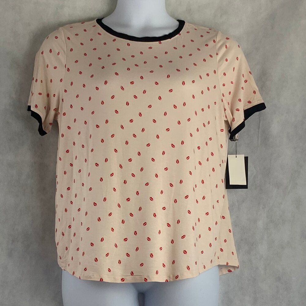 DKNY Women's Soft Short Sleeve Pullover Lounge Pajama Top, Blush With Kiss Lips